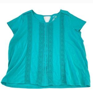 #089 Terra & Sky Teal Pleated Scooped Neck Short Sleeve Tunic Top